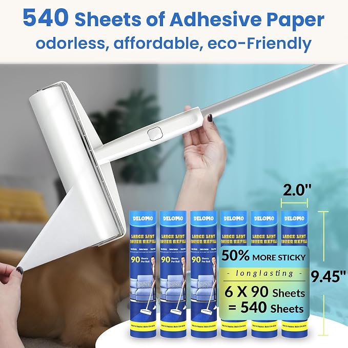 DELOMO 9.45 in Large Lint Roller Refills, 6 Packs, 540 Extra Sticky Sheets | Sticky Roller Refills, Easy Tear Sheets, Compatible Only with DELOMO 9.45” Lint Roller, Floors, Carpets, Couches, Pet Hair