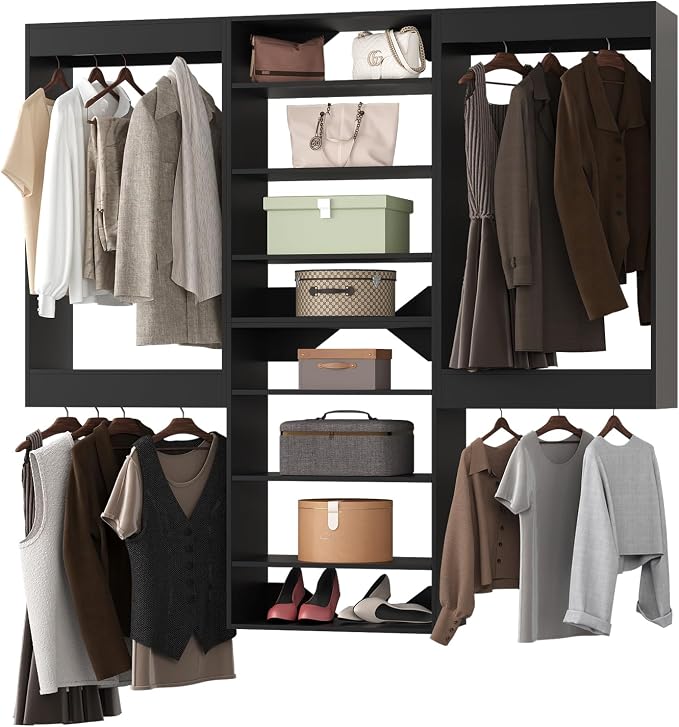 Modular Closet System, 90" Wide Organizer With Hanging and Towers, Wood Storage for Walk In Closets, Wall Mounted Wardrobe Kit, Bedroom, Black