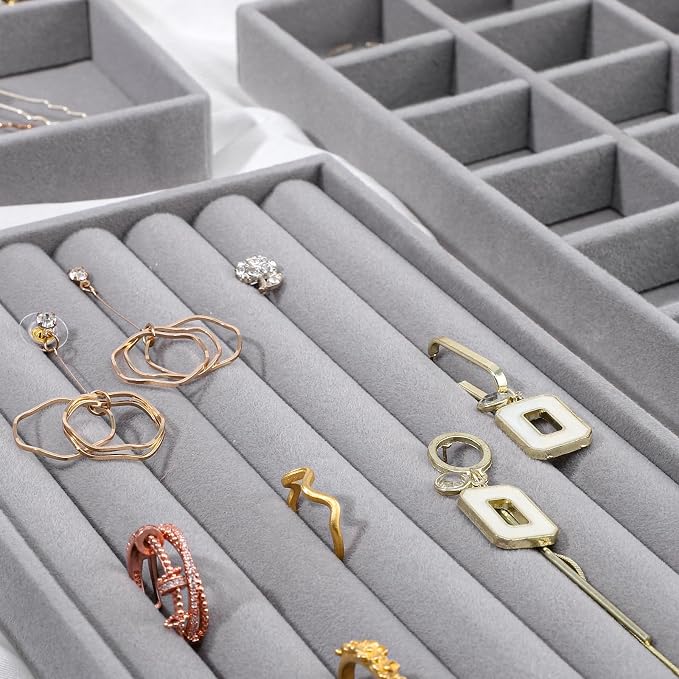 Dntorx Stackable Jewelry Organizer Trays, 6 Set of Velvet Jewelry Drawer Insert Sets Organizer Trays Jewelry Display Case Storage with Removable Dividers for Earring Necklace Rings Bracelet（Gray）