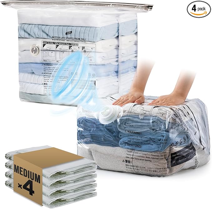TAILI Cube Vacuum Storage Bags 4 pack, Medium Size (25x19x11 inch), Vacuum Seal Bags for Clothing, No Pump Compression Packing Cube for Blankets, Baby Clothes
