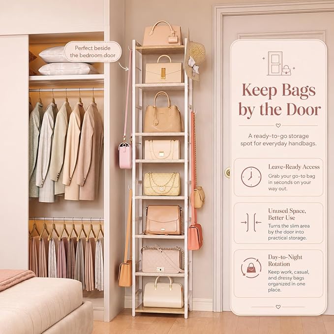 8-Tier Narrow Purse Organizer for Closet, Tall Vertical Purse Rack for Small Spaces, Corner Handbag Storage Display Shelf with Adjustable Fabric Shelves & 8 Hooks for Small & Medium Tote Bags, Bedroom