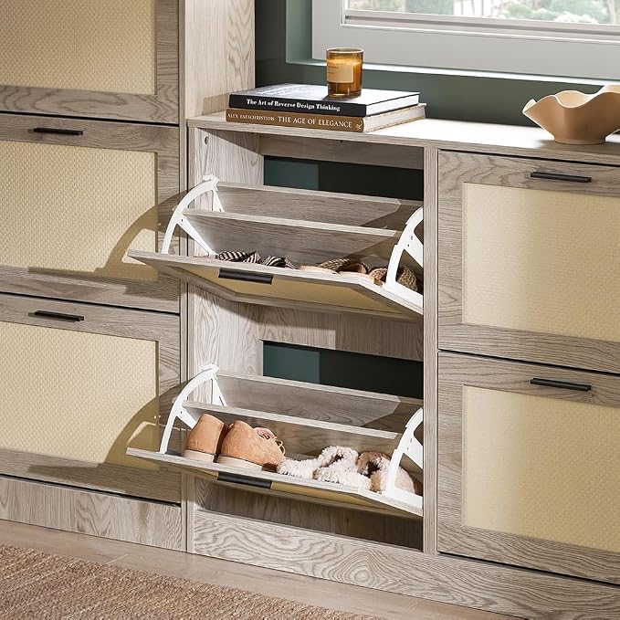 SoBuy Shoe Storage Cabinet for Entryway | Freestanding Shoe Organizer Cabinet 4 Drawers, Narrow Slim Hidden Shoe Rack, Natural, FSR170-N