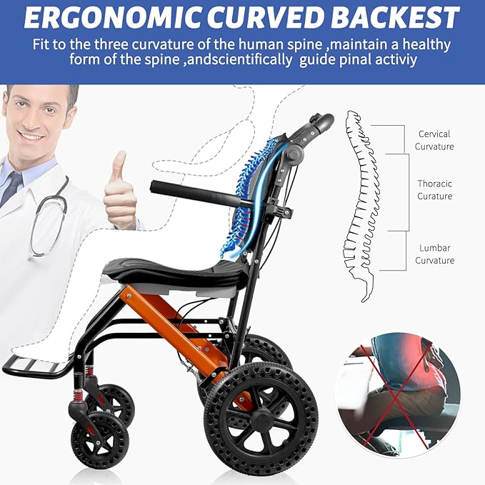Wheelchairs for Adults,Transport Wheelchair Lightweight Foldable with Removable Cushion，Ergonimic Travel Wheelchair with Rotate Handle，Gift for Grandma