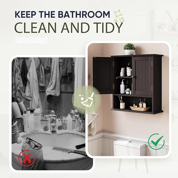 Smuxee Brown Bathroom Cabinet Wall Mounted, Small Medicine Cabinet with 2 Door Adjustable Shelves, Wall Cabinet Over Toilet for Laundry Room Kitchen