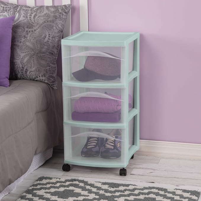 Sterilite 6 Pack 3 Drawer Storage Cart, Plastic Rolling Organization, Mint | Clear Plastic Organizer Drawers with Wheels for Craft Supplies, Bath Essentials, or Home Accessories