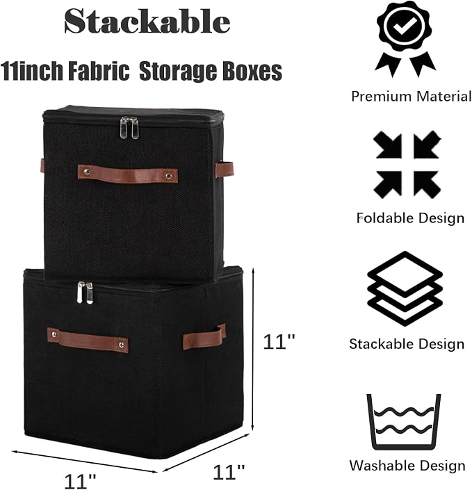 11inch Storage Boxes Cubes with Zipper Lid Collapsible Fabric Lidded Storage Bins Baskets PU Leather Handle Cotton Linen Decorative Shelf Closet Organizer Container (Black, 1PCS)