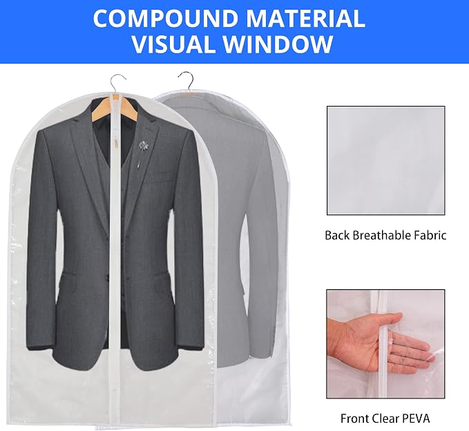 Clear Garment Bag Suit Bags for Closet Storage, Vinyl Garment Bags for Hanging Clothes, Coat Covers for Closet with Zipper and Plastic Garment Bags for Hanging Clothes - 24'' X 40''/6 Pack