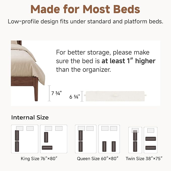 StorageWorks Underbed Storage Containers with Lids, 2-Pack 6.75" Low Profile Under Bed Organizers for Clothes, Bedding and Sweaters, 73L Large Fabric Storage Bins, Foldable Space Saving, Light Beige
