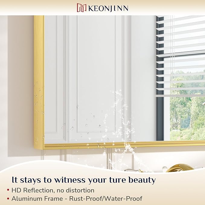 Keonjinn Large Gold Bathroom Mirror 72" x 36", Brushed Gold Rectangular Mirror for Wall, Oversized Metal Framed Mirror, Square Corner, Modern Farmhouse Decorative(Horizontal/Vertical)