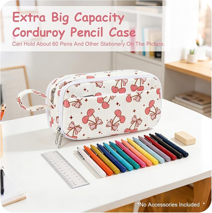 BuyCard Large Capacity Pencil Case, White With Pink Cherry Pattern, Corduroy Pencil Bag with Zipper Closure, Graduation Gift Office Stationery Storage Pen Pouch for Classroom Teacher