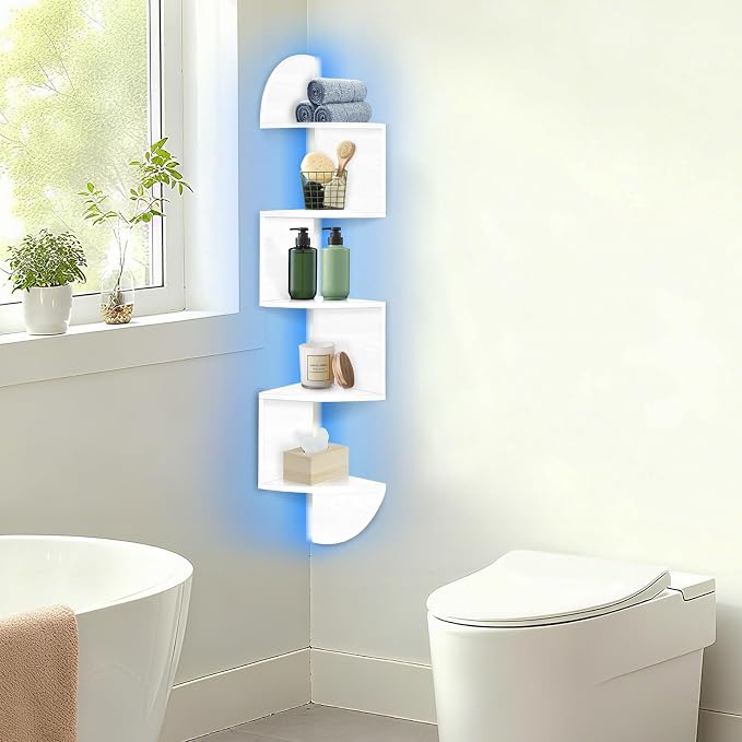 Corner Shelf Wall Mounted Corner Floating Shelves with Light | 5 Tier Corner Bookshelf Stand for Bedroom, Bathroom, Living Room, Kitchen, Office, Home Decor(White)