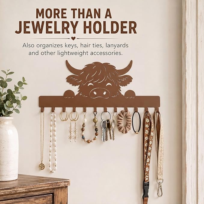 Hicarer 2 Pack Highland Cow Necklace Holder Wall Mount 24 Hooks Adhesive Metal Jewelry Organizer Farmhouse Home Storage Decor Gifts for Women Highland Cow Lovers for Earrings Bracelets Rings Keys