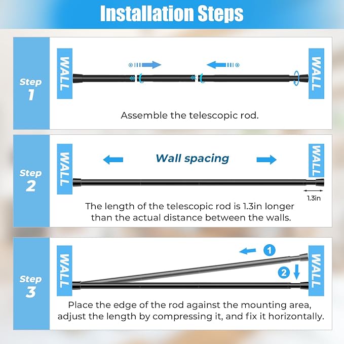 Spring Tension Curtain Rods 33-59 Inch Black 2 Pack | No-drill & tool-free setup. Fits windows, kitchens, doorways. Rust-resistant, great for light curtains.