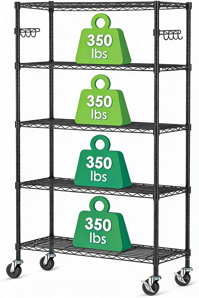 5 Tier Wire Metal Shelving Rack Garage Storage Rolling Shelves with Wheels | Heavy Duty Adjustable Industrial Shelve Steel Sturdy Utility Shelving for Kitchen Garage Pantry Bathroom Laundry