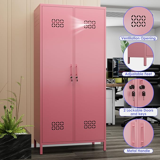 METAN 71" H*33.5" W*20" D Metal Wardrobe Closet with Lock,Extra Deep 2 Doors Metal Wardrobe Cabinet for Home,Assembly Required,Pink