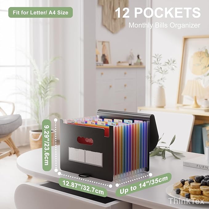 ThinkTex Accordion File Organizer, 12 - Pocket Expanding File Folders for Paper Receipts, Bills & Taxes Organizer, Letter/A4 Size Document Holder for School, Office, Home with Colorful tabs- Black