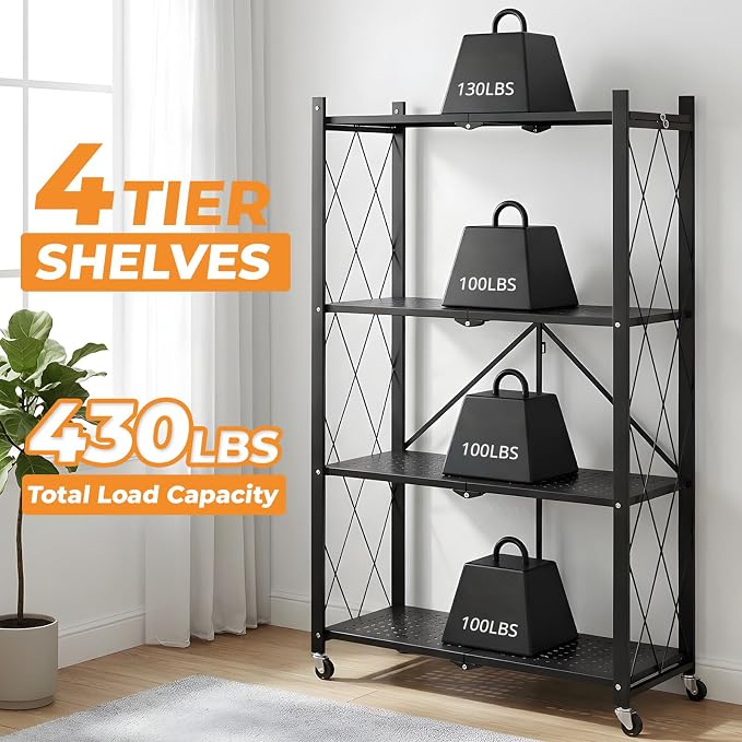 COKIHOM 4 Tier Foldable Storage Shelf, Large Capacity Metal Shelf Rack, Rolling Bookshelf with Wheels, Wire Shelf Organizer for Kitchen, Pantry, Office, Garage, Basement, Black