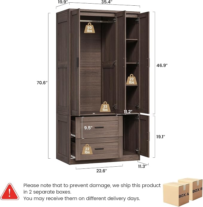 ANCTOR 70.6 Inch Armoire Wardrobe Closet with Drawers (Dark Walnut) | Freestanding engineered wood armoire with a hanging rod, adjustable shelves and concealed storage for bedroom organization