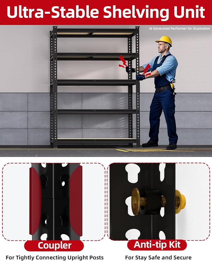 PrimeZone 35.5" x 12" x 72" Heavy Duty Storage Shelves - 5 Tier Adjustable Garage Storage Shelving, Metal Storage Utility Rack Shelf Unit for Warehouse Pantry Closet Kitchen, Black, 4 Pack