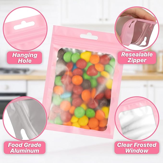 100 PCS Pink Resealable Mylar Bags with Frosted Clear Window Packaging Bags Foil Pouch Zipper Bag for Food Self Sealing Storage Supplies 5.51x7.87
