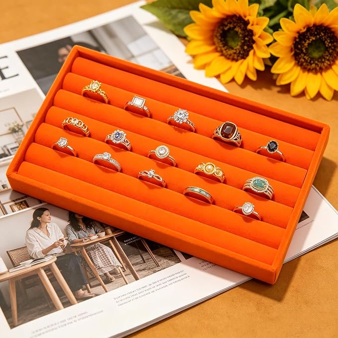 Velvet Jewelry Trays for Drawers, Orange Stackable Jewelry Drawer Organizer Inserts, Ring Earring Necklace Bracelet Holder Organizer Storage Display Tray with Removable Dividers, 8 Rolls