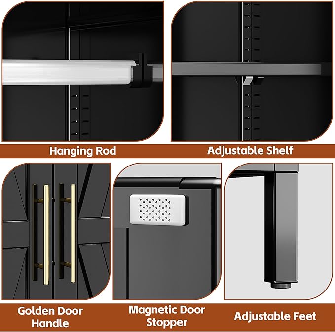 METAN Metal Wardrobe Closet with Doors,Armoire Wardrobe Closet with 1 Drawer for Bedroom,Assembly Required,Black