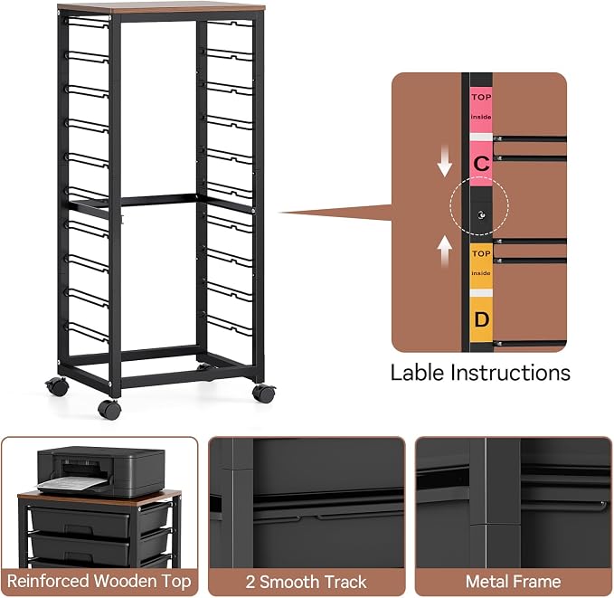 SYKIARIOL Rolling Cart with Drawers,10 Drawer Rolling Cart,Rolling storage cart with drawers,Black Rolling Drawer Cart,Teacher Rolling Cart for Classroom Storage,Craft Cart with Wooden Tabletop