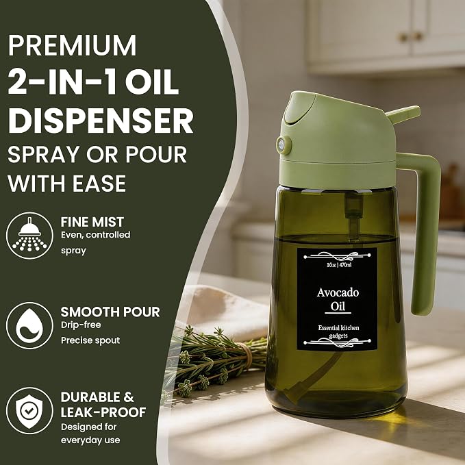 Oil Dispenser Glass Bottle, 16oz/470ml, 2 in 1 Oil Sprayer and Pourer, Light-Blocking Dark Glass, for Cooking, Air Fryer, Salad, BBQ (Black and Green)