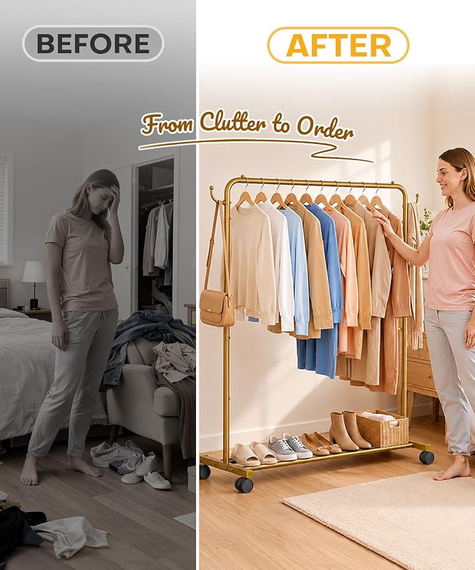 Homde Rolling Clothes Rack with Hooks: Standing Garment Storage for Indoor - Hanging Rod for Bedroom Laundry Room - Coat Dress Organizer on Wheels with luggage shelf (Gold, 46.5")