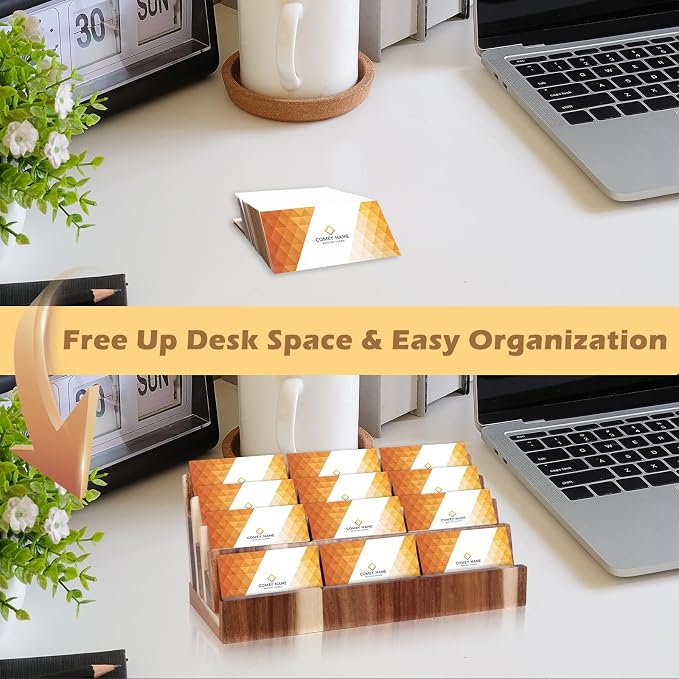 DLUGOPIS 4 Tier Acacia Wood Business Card Holder Desktop Display Stand Multiple Wood Business Card Organizer Rack Gift Card Pamphlet Display for Exhibition Home Office