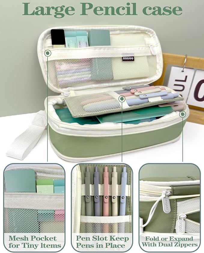 JIZHIYUAN 54PCS Aesthetic School Supplies with Large Pencil Case,12 Pastel Highlighters,5 Black & 6 Color Ink Gel Pens, 6-in-1 Ballpoint Pen,5 Mechanical Pencils 0.5-2.0mm Student Essentials (Green)