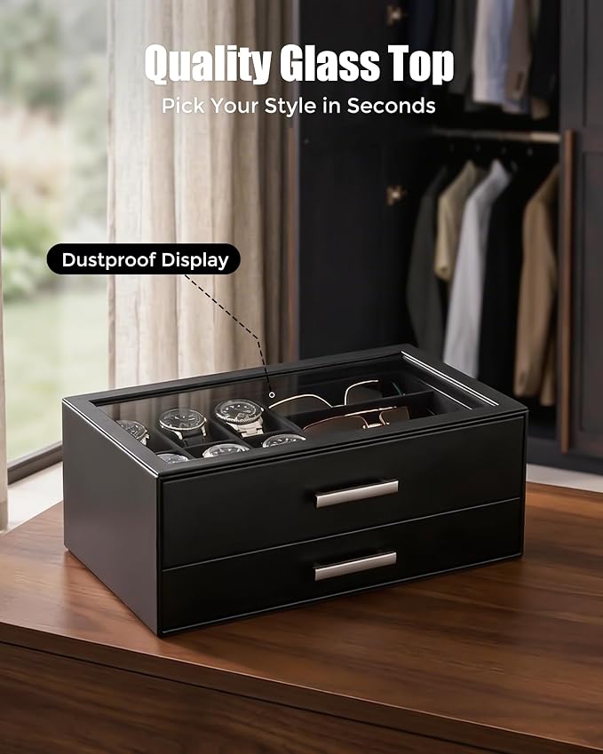 ProCase Watch Case, Mens Jewelry Box for 6 Watch & 5 Sunglasses -Black | Pull-Out Drawer 2-Tier Leather Watch Organizer with Glass Display Top, fit Watches Size Up to 50 mm, Gift for Men & Women