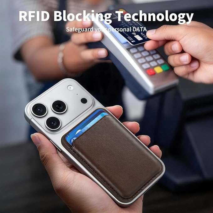 Magnetic Wallet Phone Card Holder for Phone Case with Mag-Safe, Stronger Magnetic RFID Leather Phone Wallet Stick on Series of iPhone 17/16/15/14/13/12 and Pro/Promax, Dark Brown