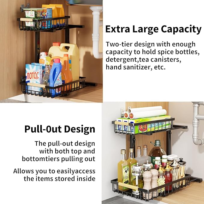 Under Sink Organizer,2 Pack Kitchen Organizers and Storage Adjustable Height 2 Tier Sliding L-Shape Cabinet Organizers Meatal,Under Bathroom Sink Organizer with Anti Slip Wooden Handle