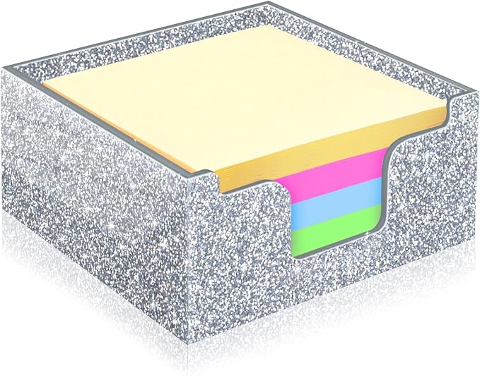 Rouidr Acrylic Sticky Note Holder, Self Stick Note Pad Holder, Silver | 3.94 x 3.94 Inch Glitter Memo Pad Dispenser Organizer for School Office Home Desk Supplies