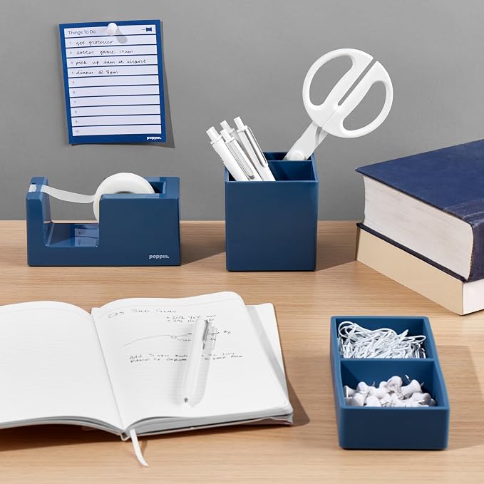 Poppin Pen Holder with 2 Compartments - Sturdy Plastic Pen Holder for Desk, Lacquer-like Finish, Writing Instrument Desk Organizer, Coordinating Office Desk Accessories (Slate Blue)