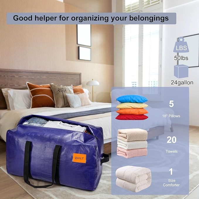 KRYSTY 8-Pack Moving Bags and Large Storage Bags with Strong Handles，Durable Zippers，Heavy Duty Moving Bags for Space Saving and Moving Supplies