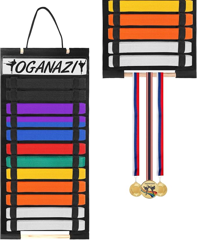 12 Belts Karate Belt Display Rack with Personalized Stickers, Taekwondo Belt Display Holder with Bamboo Medal Rack, Felt Jiu Jitsu Belt Hanging Holder for Taekwondo, Karate, BJJ Learners