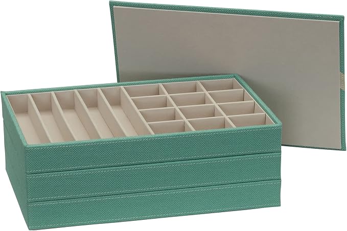Household Essentials 3-Tier Jewelry Tray, Sturdy Chipboard With Polyester Linen Wrap, Polyester Felt Lining, Many Compartments for Easy Jewelry Access, Stackable, Stylish and Functional, Seafoam Green