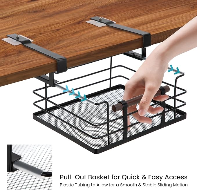 Home Zone Living Pull-Out Kitchen Cabinet Under Shelf Drawer Organizer | Steel Mesh Basket Frame with Wooden Handle, 11" x 11" x 7", Black
