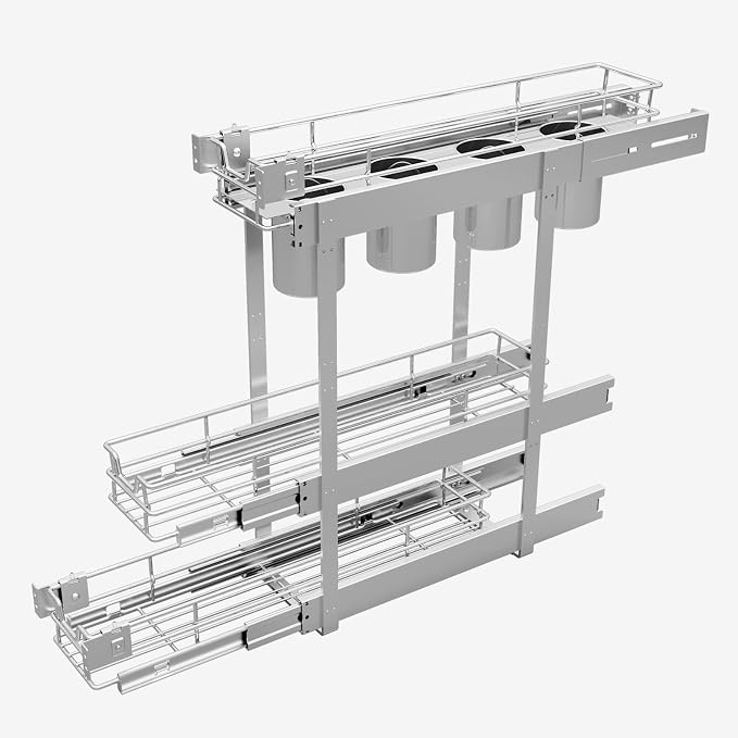 Sikarou 3-Tier 5" W x 21" D Narrow Pull Out Cabinet Organizer, Roll out Spice Rack Holder Shelve, Slide Out Slim Storage Wire Baskets for Storage Organization