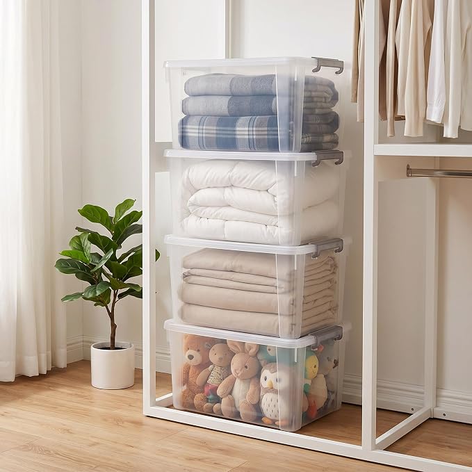 Citylife 58.1 QT Plastic Storage Bins with Latching Lids Stackable Storage Containers for Organizing Large Clear Storage Box for Garage, Closet, Kitchen, 4 Packs