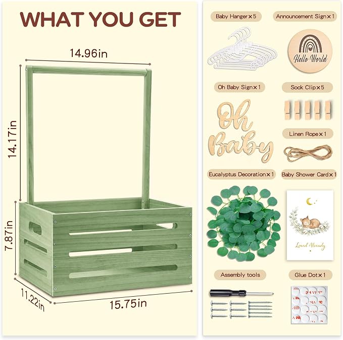 Wooden Baby Shower Crate Closet - Personalized Baby Gift Baskets with Hangers, Large Sage Green Newborn Shower Crate Box for New Mom Boys Girls
