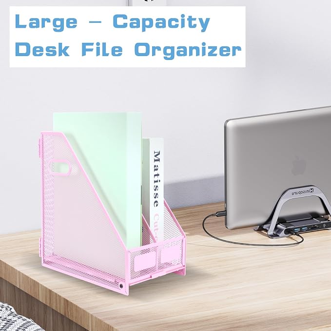 Desk Organizers Metal Magazine File Holder Racks Desktop Folder Storage Binder Organiser Document Organization for Home Office & Classroom,2 Vertical Compartments-Pink