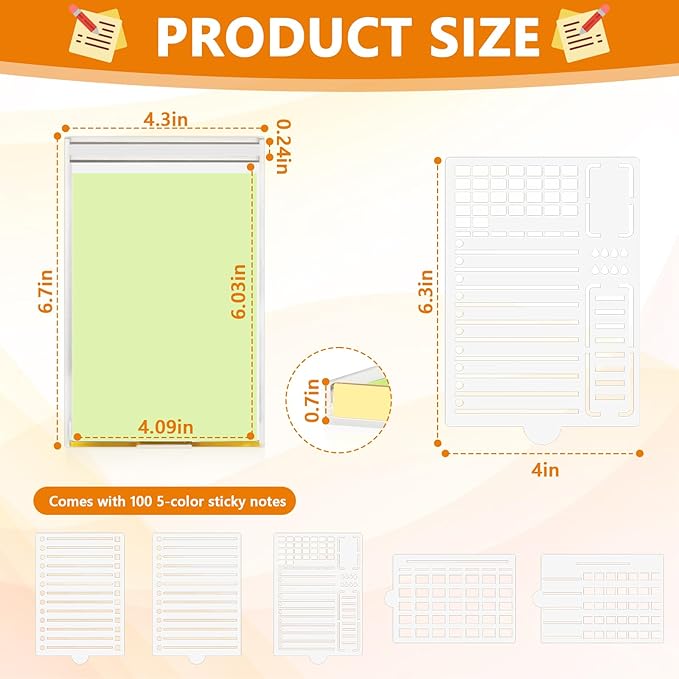 4" x 6" Sticky Notes Holder with 5 Different Stencil & 100 Sheet Post It Notes Clear Acrylic Self-Stick Sticky Note Dispenser Post It Note Holder Memo Organizer for Classroom Office Desk Organizer