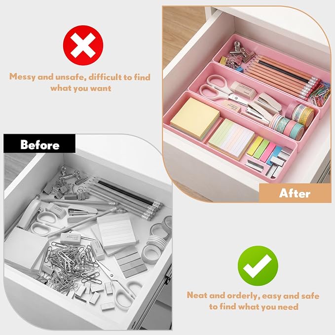 Teling 6 Pcs Pink Plastic Desk Organizer Tray Shallow Drawer Pencil Tray Tabletop Organizer for Office, Home, or Study 9.45x2.95x1.38 Inch