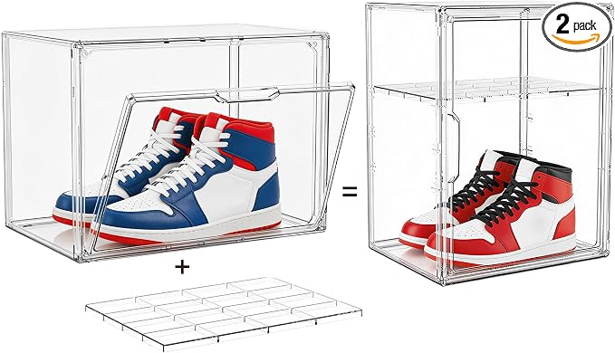 Attelite Shoe Storage Clear Shoe Organizer Boxes With 1 Adjustable Divider, Acrylic Sneaker Shoe Display Case With Magnetic Door,Clear Plastic Stackable Storage Bins With Lids,2 Pack
