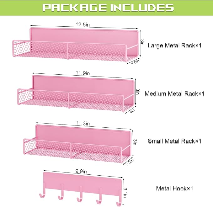 4 Pack Magnetic Shelves for Washing Machine, Heavy-Duty Magnetic Laundry Organizer with Hooks, Washing Machine Shelf for Refrigerator, Metal Storage Baskets, Closet & Laundry Room Organization (Pink)