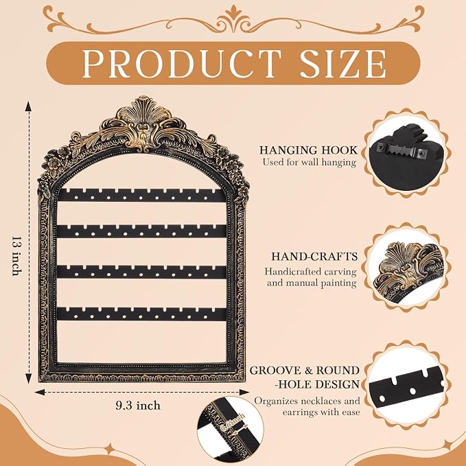 13 x 9.3'' Wall Hanging Earring Holder Black Vintage Jewelry Frame Organizers 4 Layer Wall Mounted Earrings Display Rack with Hooks Decorative Retro Jewelry Display for Necklaces