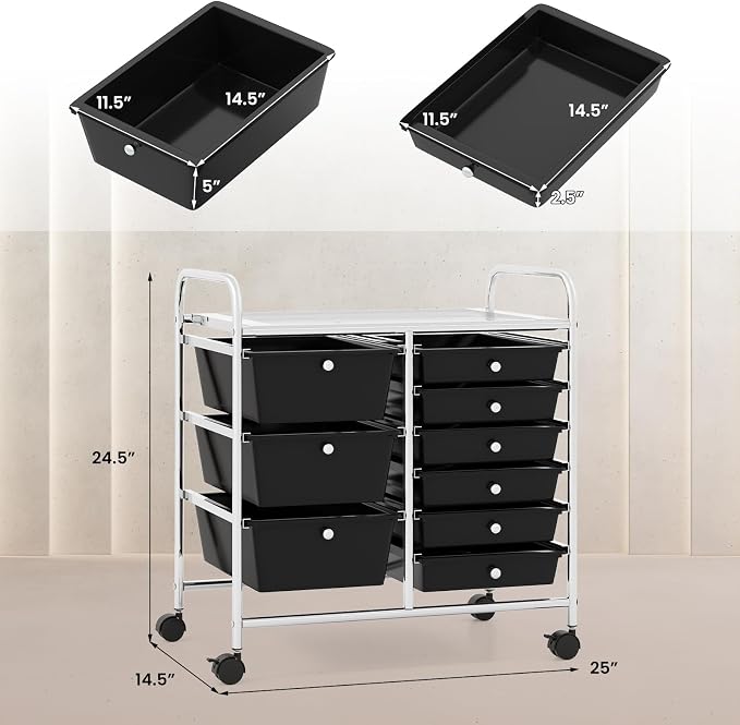 COSTWAY Rolling Storage Cart with 9 Drawer, Utility Cart with Metal Frame | Mobile Art Supply Craft Organizer, Multipurpose Storage Organizer for Paper, Office, School Teacher, Classroom, Black